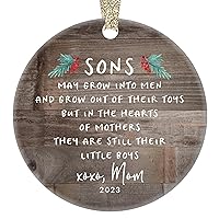 Gift for Son Christmas Ornament 2023 Sons In The Hearts of Mothers Poem Present Idea, Mom from Young or Grown Child Xmas Ceramic Farmhouse Keepsake 3
