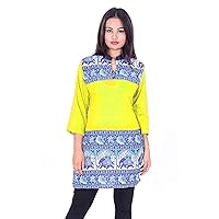 Indian Women's Top Animal Print Tunic Wedding Party Wear Cotton Kurti Yellow Color Plus Size