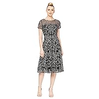 S.L. Fashions Women's Tea Length Cap Sleeve Illusion Neckline Embroidered Lace Dress
