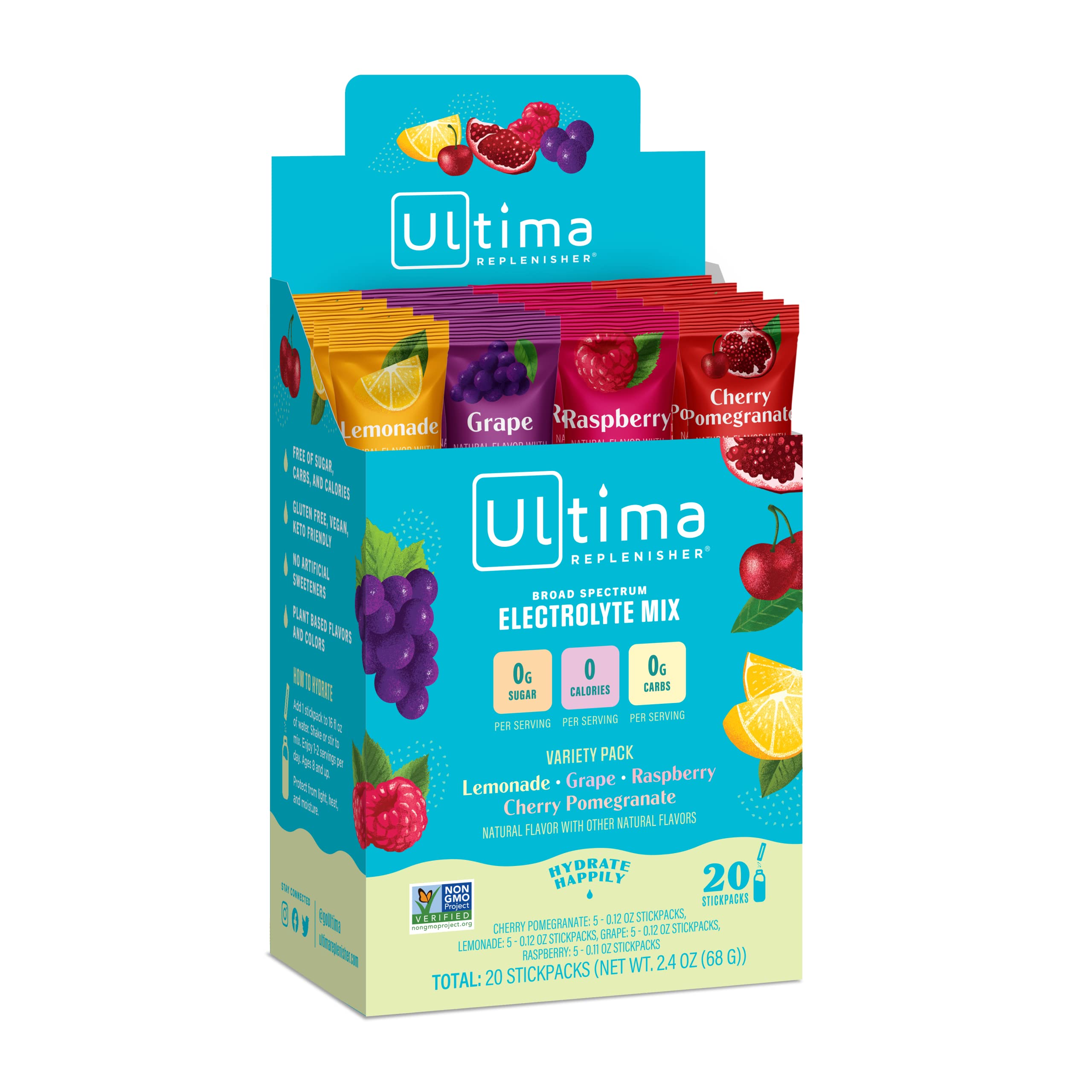 Ultima Replenisher Electrolyte Hydration Powder, Variety 4 Flavor Pack, 20 Count Stickpacks Box - Sugar Free, 0 Calories, 0 Carbs - Gluten-Free, Keto, Non-GMO with Magnesium, Potassium