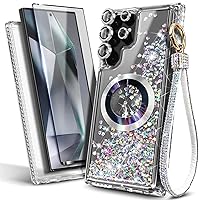NGB Supremacy Designed for Samsung Galaxy S24 Ultra Magnetic Case for MagSafe, Tempered Glass Screen Protector/Camera Lens Protector/Wrist Strap Lanyard, Glitter Liquid Cute Case (Diamond)