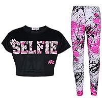 Girls #Selfie Print Black Crop Top Short Sleeves T Shirt and Splash Print Fashion Leggings Set Age 5-13 Years
