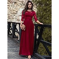 Women's Dress Dresses for Women Floral Lace Bodice Ribbon Waist Pleated Prom Dress (Color : Burgundy, Size : Medium)