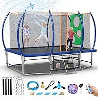 8x14 Ft Rectangle Trampoline for Kids and Adults, Outdoor Trampoline with Stakes, Light, Sprinkler, Soccer Ball, Trampoline with Net, Backyard Trampoline for 3-5 Adults and Kids