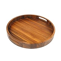 Round Serving Tray – 16.5 Inch Walnut Wood Platter with Handles - Perfect for Serving or Centerpiece Display on Ottoman and Coffee Table