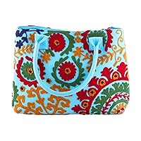 NOVICA Hand Embroidered Cotton Tote Sky Blue Floral Folk Art Handbag Multicolor Handle India 'Folk Art Florals'