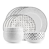 Safdie & Co. 12-Piece Black & White Sketch Dinnerware Set, Porcelain, Includes Plates, Bowls, and Serving Dishes, Dishwasher Safe