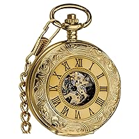 VIGOROSO Men's Pocket Watch with Chain Half Hunter Double Cover Skeleton Mechanical Pocket Watches for Men Dad