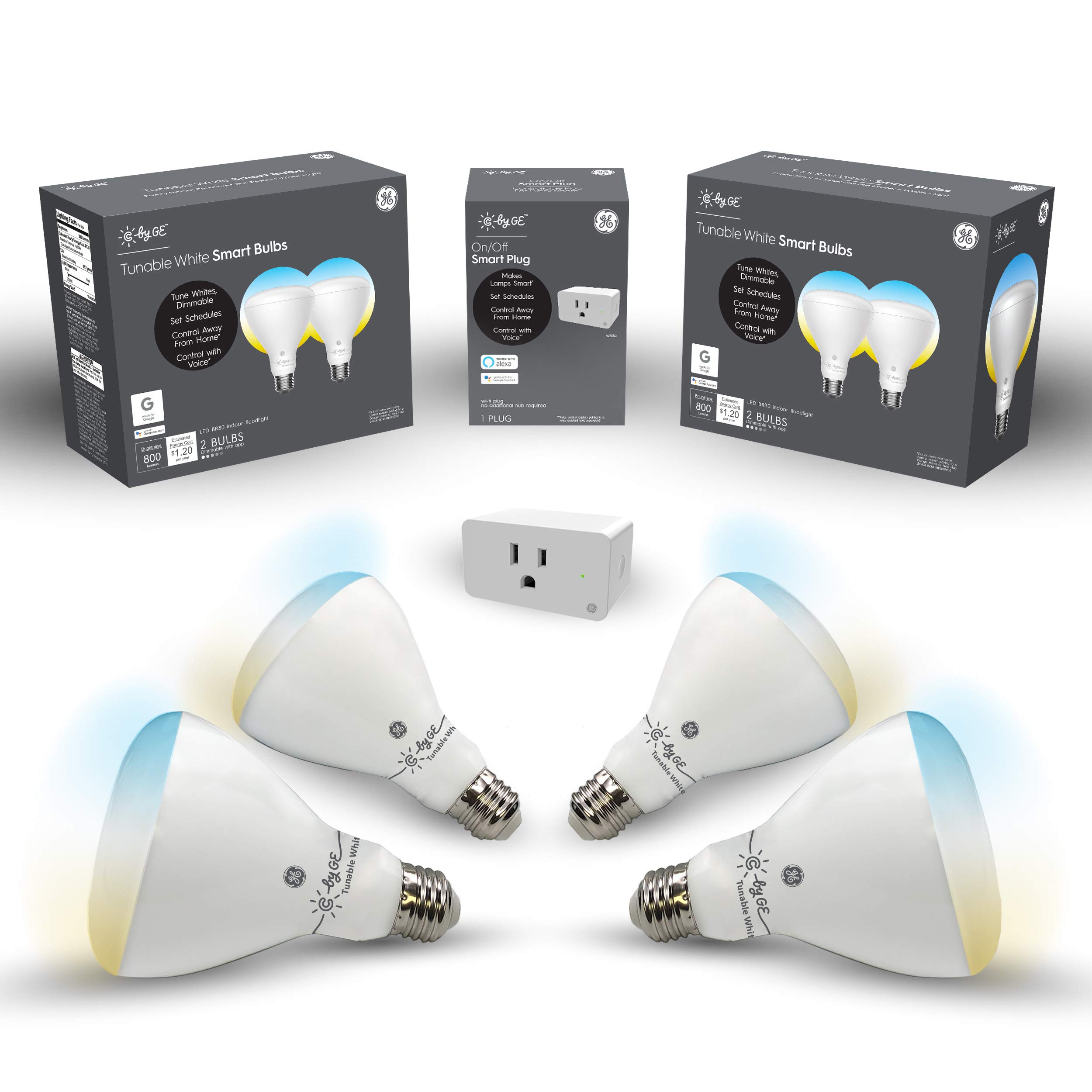 C by GE Smart Bundle Pack with 4 Smart Bulbs and Smart Plug (4 LED BR30 Tunable White Bulbs + On/Off Smart Plug), Works with Alexa and Google Assis...