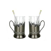 6 Piece Russian Tea Set Crystal Tempered Hot Tea Glasses with Metal Glass Holders Podstakannik w/Teaspoon - Vintage Design Drinkware