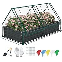 Galvanized Raised Garden Bed for Vegetables Flowers Herbs, Cover Outdoor Extra-Thick Metal Planter Box Kit,w/ 2 Roll-Up Large Windows Mini Greenhouse, Tomato Cage, Labels, Tool, 6×3×1FT Black(Clear)