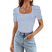 MEROKEETY Women's Summer Short Puff Sleeve Tops Stripe Square Neck Fitted Casual Tee Shirts Blouse