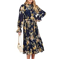 ANRABESS Women's Floral Midi Dress Puff Long Sleeve Casual Ruffle Chiffon A-Line Swing Pleated Belted Tea Party Dresses
