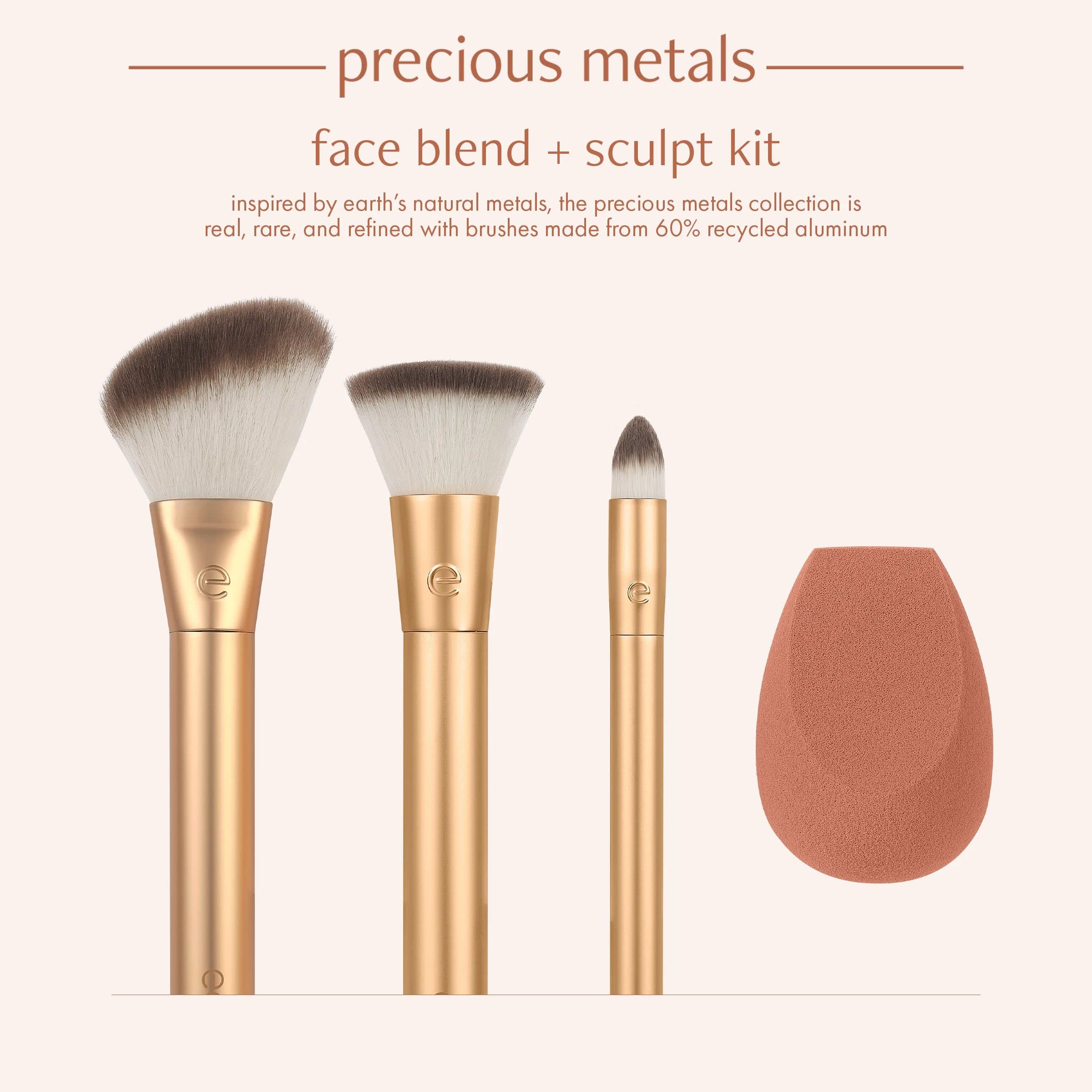 EcoTools Precious Metals Face Blend & Sculpt Set, Makeup Brush Kit, Foundation Brush, Ecofriendly Makeup Brush Kit, Recycled Aluminum, Chrome, Precision, 4 Piece Set