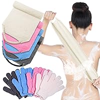 Exfoliating Back Scrubber with Handles Set of 8 Exfoliating Shower Bath Gloves Back Scrubber Set 4 Scrub Gloves for Women Men Children Skin, Stretchable Pull Strap Washcloth