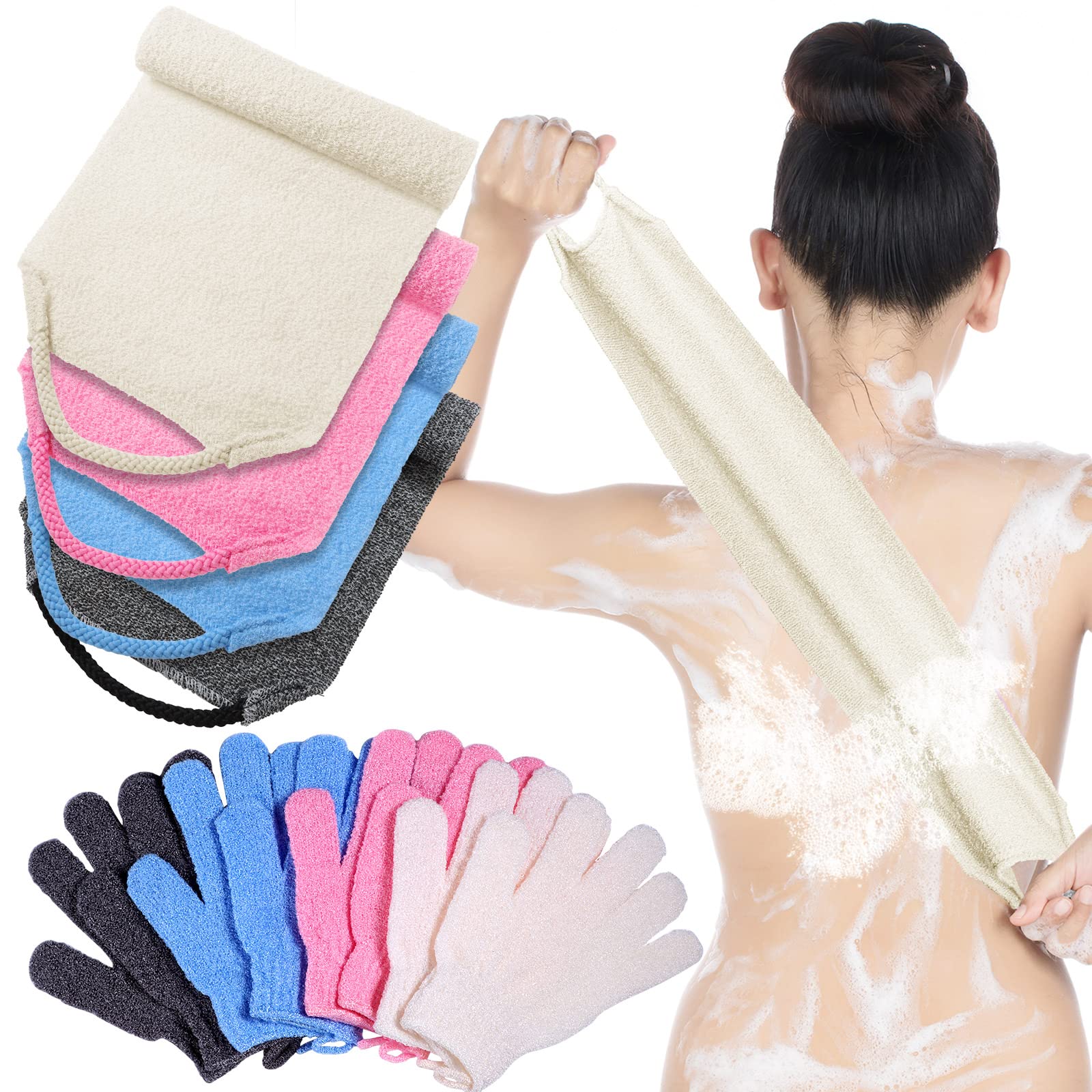 Exfoliating Back Scrubber with Handles Set of 8 Exfoliating Shower Bath Gloves Back Scrubber Set 4 Bath Gloves for Women Men Children Skin, Stretchable Pull Strap Washcloth (Candy Color)