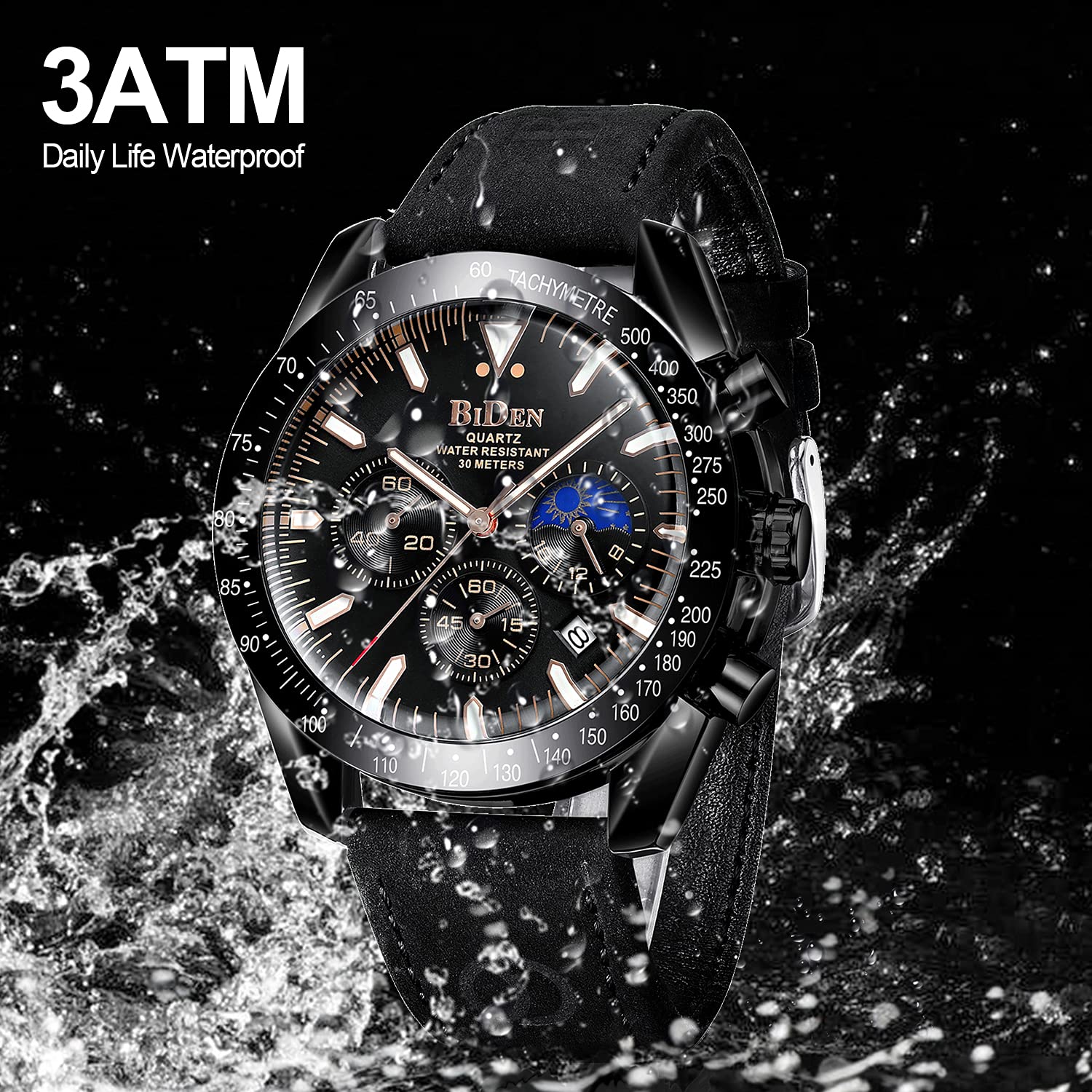 Mens Watches Chronograph Analog Quartz Watch Fashion Business Casual Watch Cool Watches Stainless Steel Waterproof Men's Wrist Watches Date Luminous Moon Phase Wrist Watch for Men