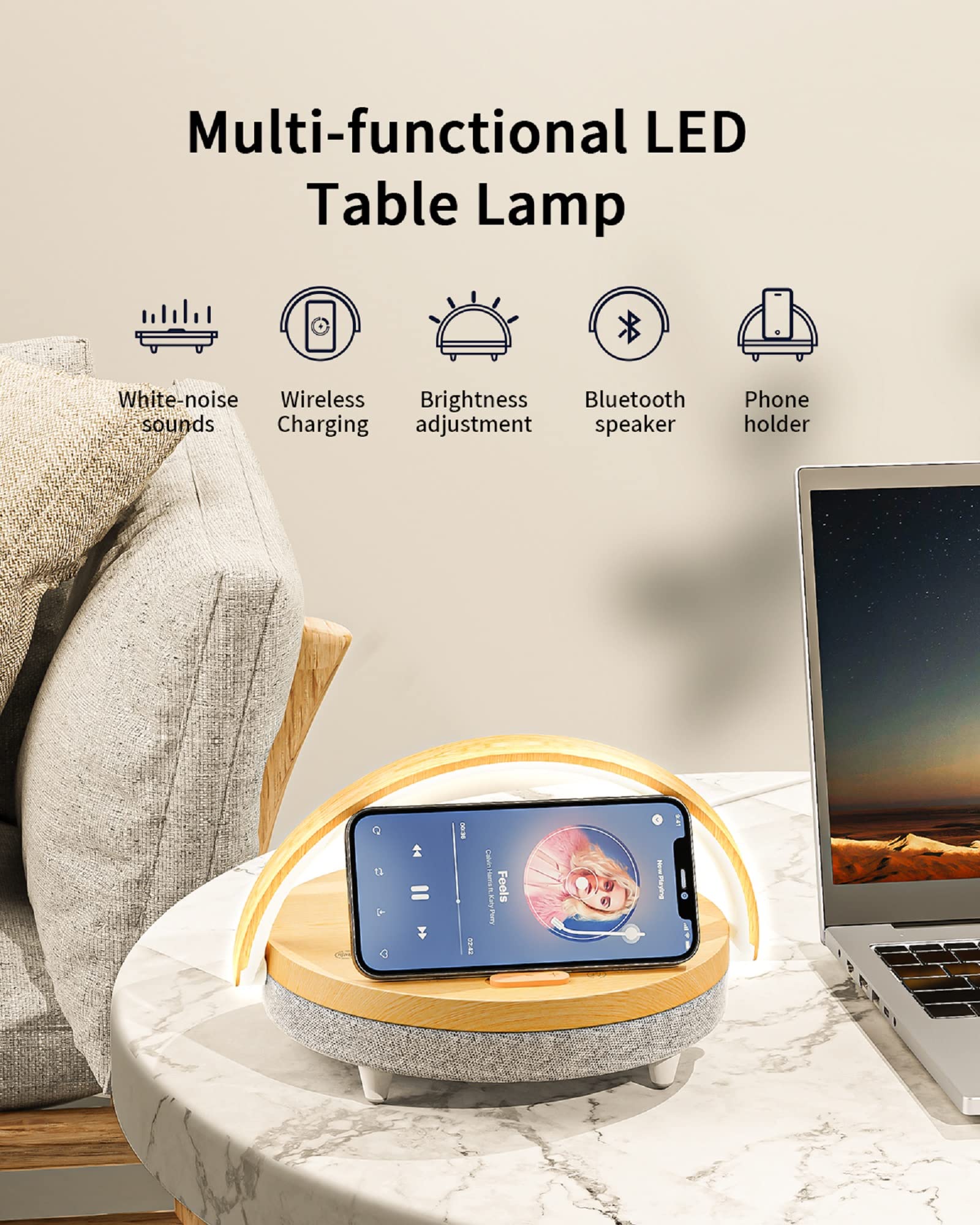 Vivilumens Bedside Table LED Night Light with Wireless Charger and Bluetooth Speaker, Desk Lamp As Sleep Aid White Noise Machine and Phone Holder, Great Birthday Gifts for Girlfriend, Women, Mom, Men
