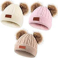Kids Winter Pompom Hat Knitted Ski Beanie Hat Double Pom Beanie Cap for Girls Boys, for 1-3 Years Old