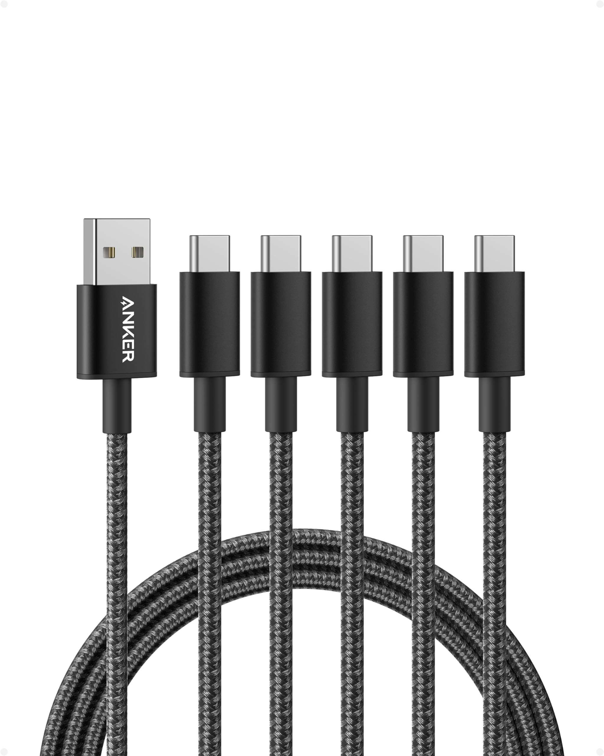 Anker USB C Cable, [5-Pack, 6ft] Premium Nylon USB A to USB C Charger Cable for iPhone 15/15Plus/15 Pro/15 ProMax Samsung Galaxy S10 S10+, LG V30 (USB 2.0, Black)