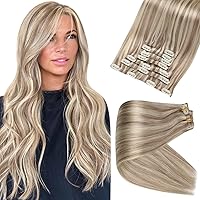 Full Shine Clip in Hair Extensions Ash Blonde Highlight Bleach Blonde Seamless Clip in Human Hair Extensions 8 Pcs Ash Blonde Real Hair Extensions for Women Clip in 120 Grams 16 Inch