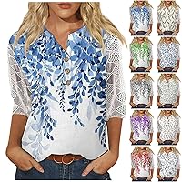 Ladies Summer Tops and Blouses 2023 Women V Neck 3/4 Sleeve Shirts Lace Casual Loose Elbow Length Work Tunic Plus Size Tops