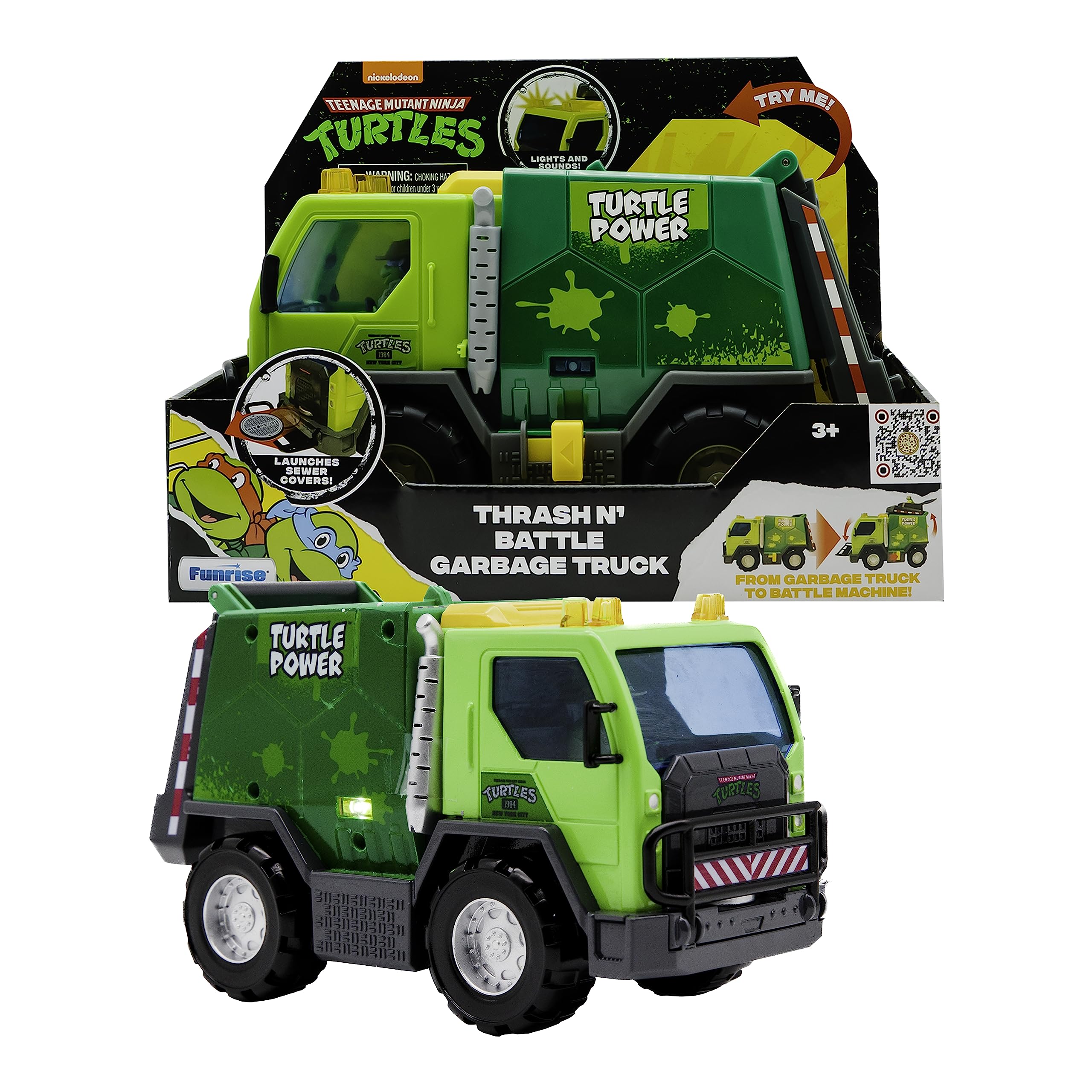 Teenage Mutant Ninja Turtles Thrash N' Battle Garbage Truck, Lights and Sounds, Ages 3+,Yellow