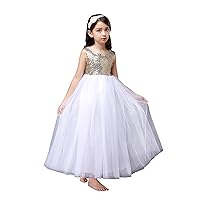 White Ivory Tulle Gold Silver Sequin Flower Girl Christmas New Year Party Ankle Floor Dress D26