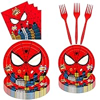 96Pcs Spider Birthday Party Supplies Spider Paper Plates and Napkins Set Disposable Dinner Tableware Plates Napkins Forks for Spider Kids Birthday Party Decorations Serve 24