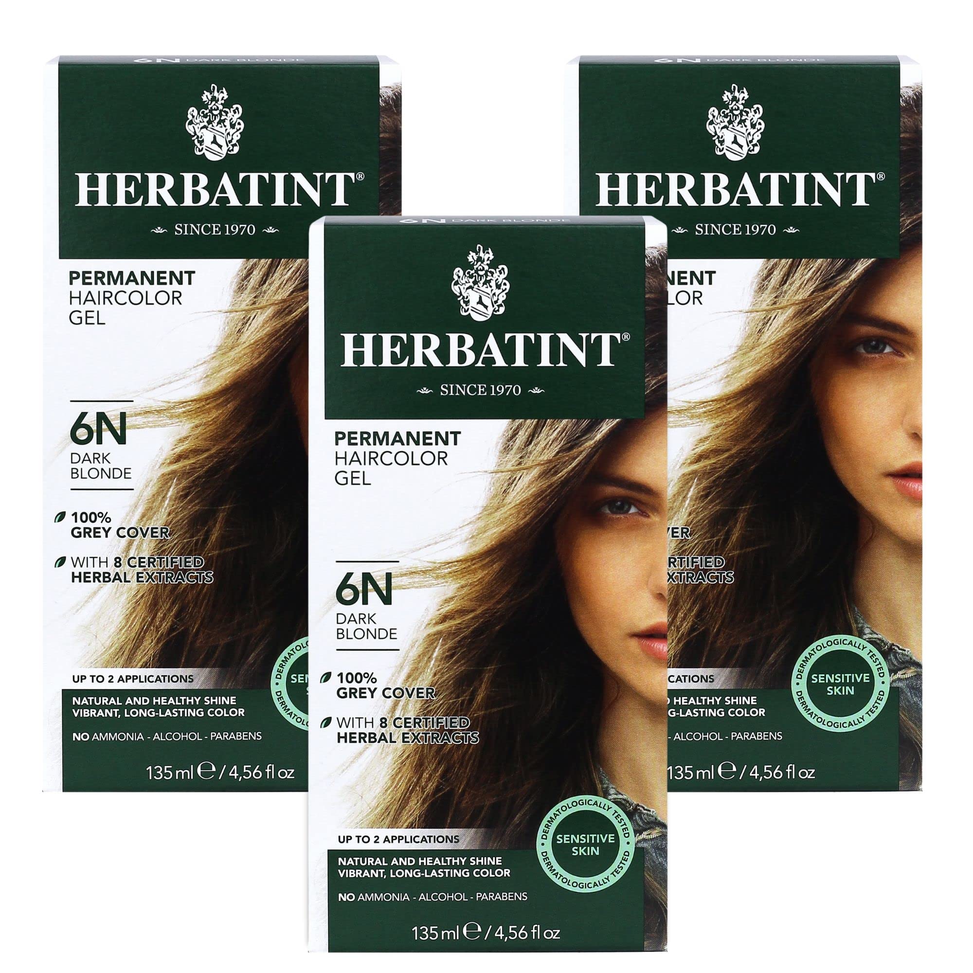 Herbatint Permanent Haircolor Gel, 6N Dark Blonde, Alcohol Free, Vegan, 100% Grey Coverage - 4.56 oz (3 Pack)