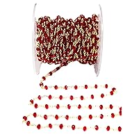 Red Garnet 4MM Faceted Rondelle Gemstone Beaded Rosary Chain by Foot For Jewelry Making - 24K Gold Plated Over Silver Handmade Beaded Chain Connectors -Wire Wrapped Bead Chain Necklaces