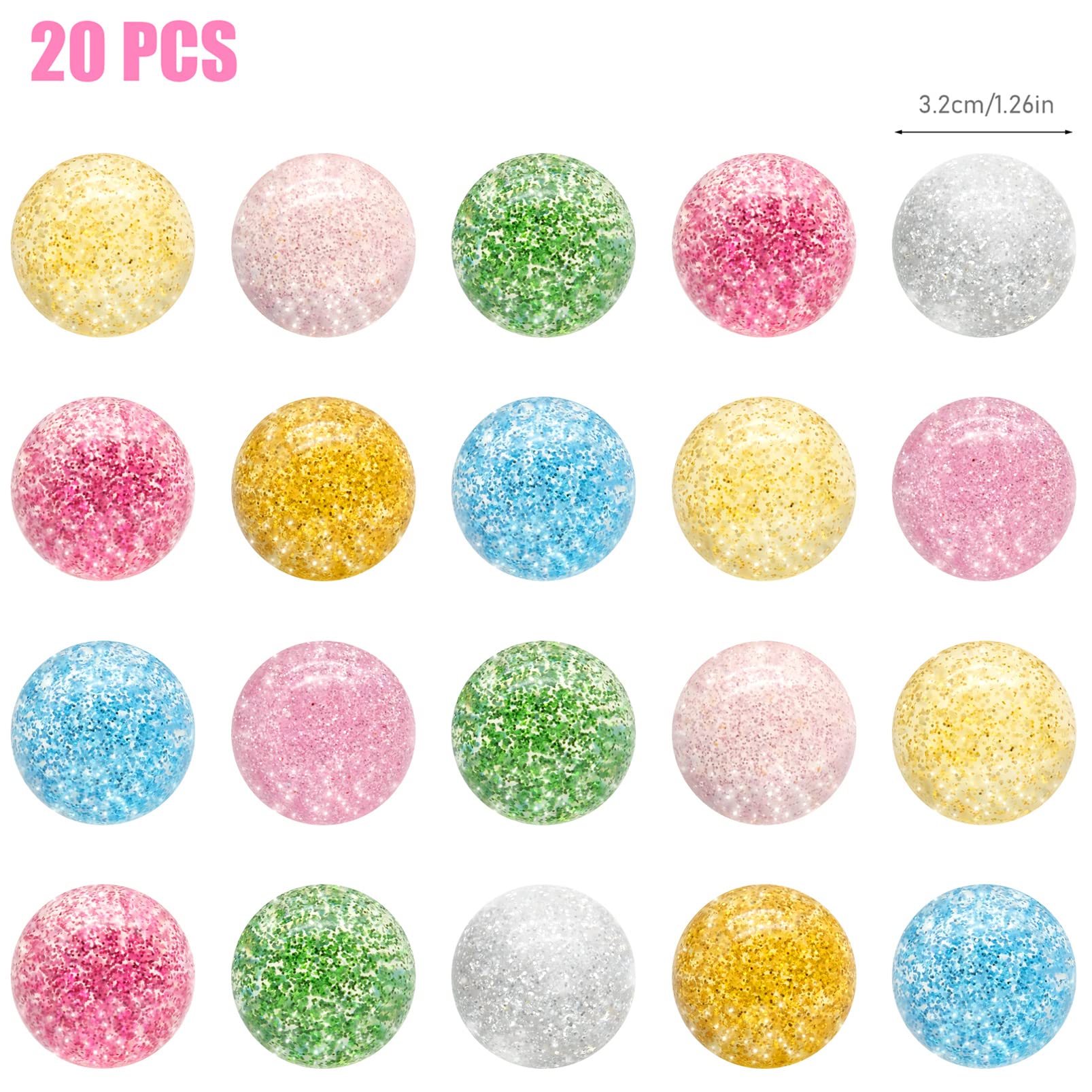 inheming 20 Pieces Bouncy Balls, 32 mm Glitter Bounce Balls for Kids, Colorful Bouncing Balls for Birthday Gift, Party Favor, Vending Machines