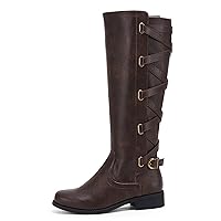 Syktkmx Womens Strappy Motorcycle Knee High Boots Winter Lace Up Riding Flat Low Heel Shoes