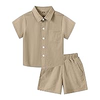 LecGee Boys 2 Piece Linen Set Casual Short Sleeve Button Down Shirt and Shorts Set For Kids 4-10 Years
