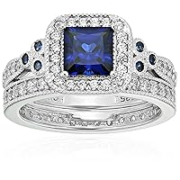 Amazon Collection Platinum-Plated Sterling Silver Princess-Cut Created Sapphire Vintage Ring Set made with Infinite Elements Cubic Zirconia, Size 8