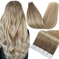Fshine Tape Hair Extensions Human Hair 16 Inch 50 Grams Tape in Hair Extensions Double Sided Color 6 Fading to 27 Honey Blonde Highlight 60 Blonde Glue in Hair Extensions Skin Weft Hair Extensions