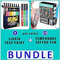 Jim&Gloria Face Paint Pen Glow In the Dark, Sweatproof, Smudge Proof WaterProof - 8 Neon Rainbow Colors + 10 Temporary Tattoo Pens Removable Face Body Paint Markers Kit