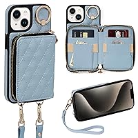 Keallce Case for iPhone 13 6.1'' Wallet Case, Crossbody Zipper Purse with Wrist Strap Lanyard Handbag for Women, RFID Blocking Card Holders, 360° Ring Kickstand Flip Leather Cover for iPhone 13, Blue