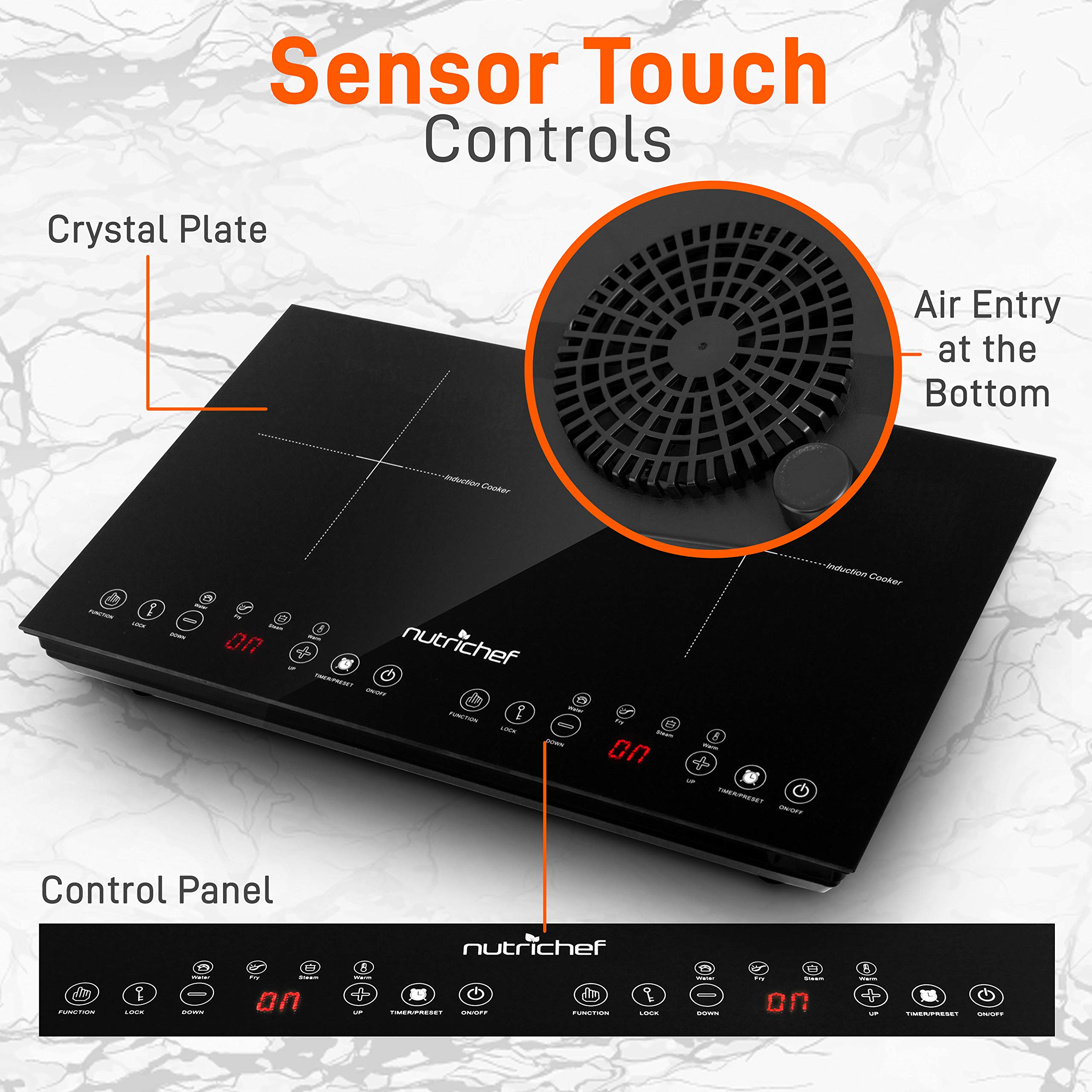 NutriChef Double Induction Cooktop - Portable 120V Digital Ceramic Dual Burner w/ Kids Safety Lock - Works with Flat Cast Iron Pan,1800 Watt,Touch Sensor Control, 12 Controls - NutriChef PKSTIND48