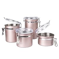 Set of 4 Pieces Stainless Steel Kitchen Storage Jar Container Canister with Clear Airtight Lid and Locking Clamp for Food, Cookie, Flour, Sugar, Tea, Coffee Storage, Rose Gold