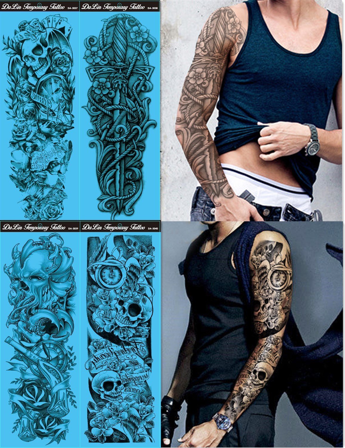 DaLin 4 Sheets Extra Large Temporary Tattoos, Full Arm (Set 9)