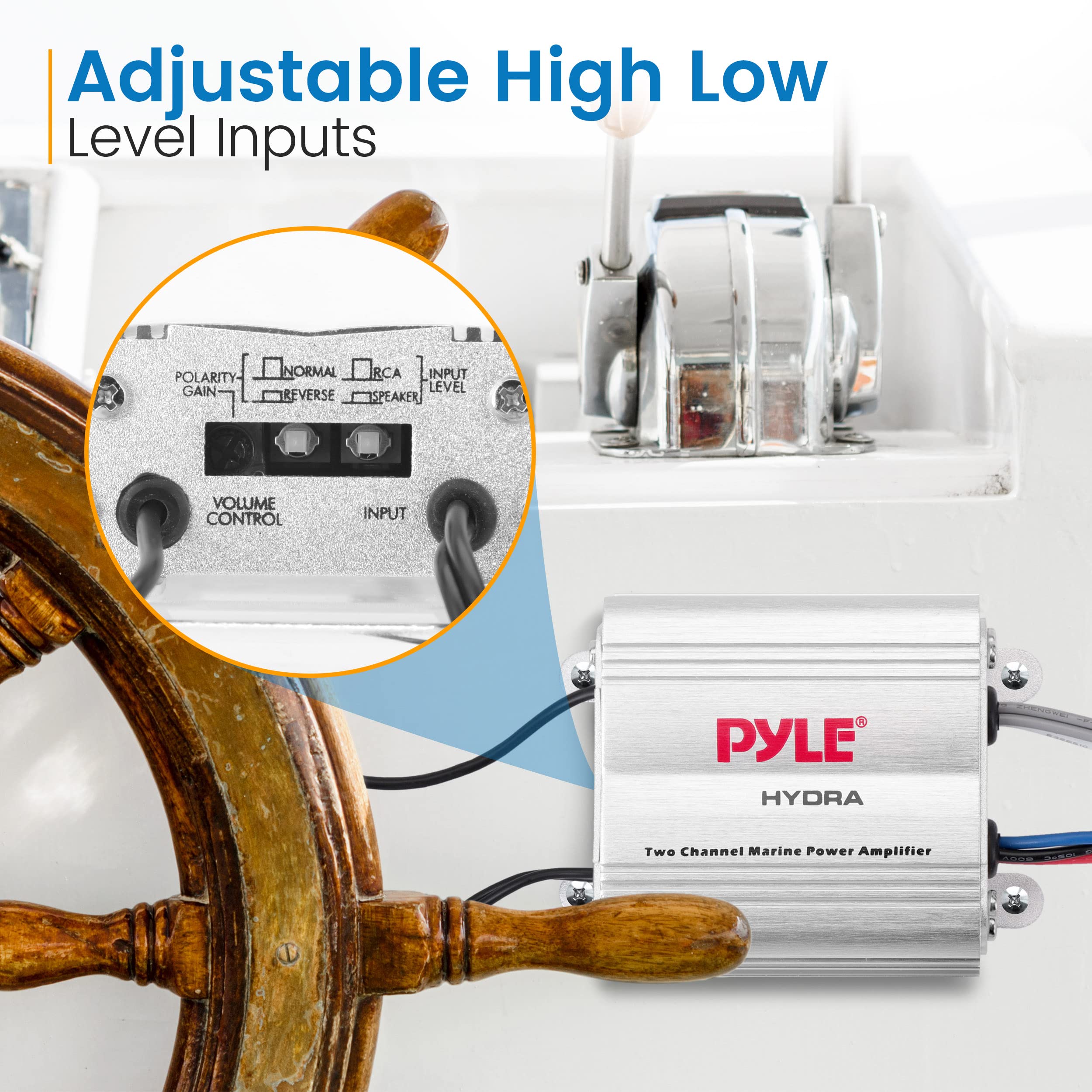 Pyle Hydra Marine Amplifier - Upgraded Elite Series 400 Watt 2 Channel Micro Amplifier - Waterproof, GAIN Level Controls, RCA Stereo Input, 3.5mm Jack & Volume Control (PLMRMP1A)