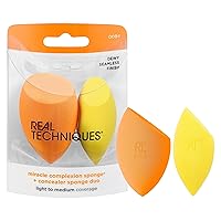 Real Techniques Miracle Complexion Sponge + Concealer Sponge Duo, Makeup Blending Sponges For Foundation & Concealer, Offers Light To Medium Coverage, Natural, Dewy Makeup, Latex-Free Foam, 2 Count