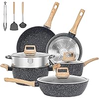 12pcs Pots and Pans Set Non Stick Kitchen Cookware Sets Induction Cookware Nonstick Granite Cooking Set with Frying Pans, Saucepans, Steamer Silicone Shovel Spoon & Tongs (Black)