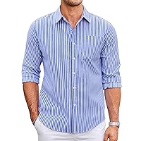 COOFANDY Men's Cotton Linen Shirt Button Down Beach Shirts Casual Long Sleeve Striped Dress Shirt