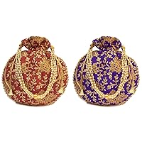 Indian Embroidered Maroon & Royal Blue Potli Bag with Pearls Handle Purse Party Wear Ethnic Clutch for Women Combo of 2