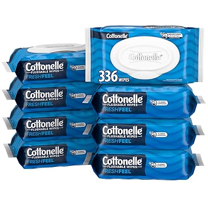 Cottonelle Fresh Feel Flushable Wet Wipes, Adult Wet Wipes, 8 Flip-Top Packs, 42 Wipes Per Pack (336 Total Wipes), Packaging May Vary