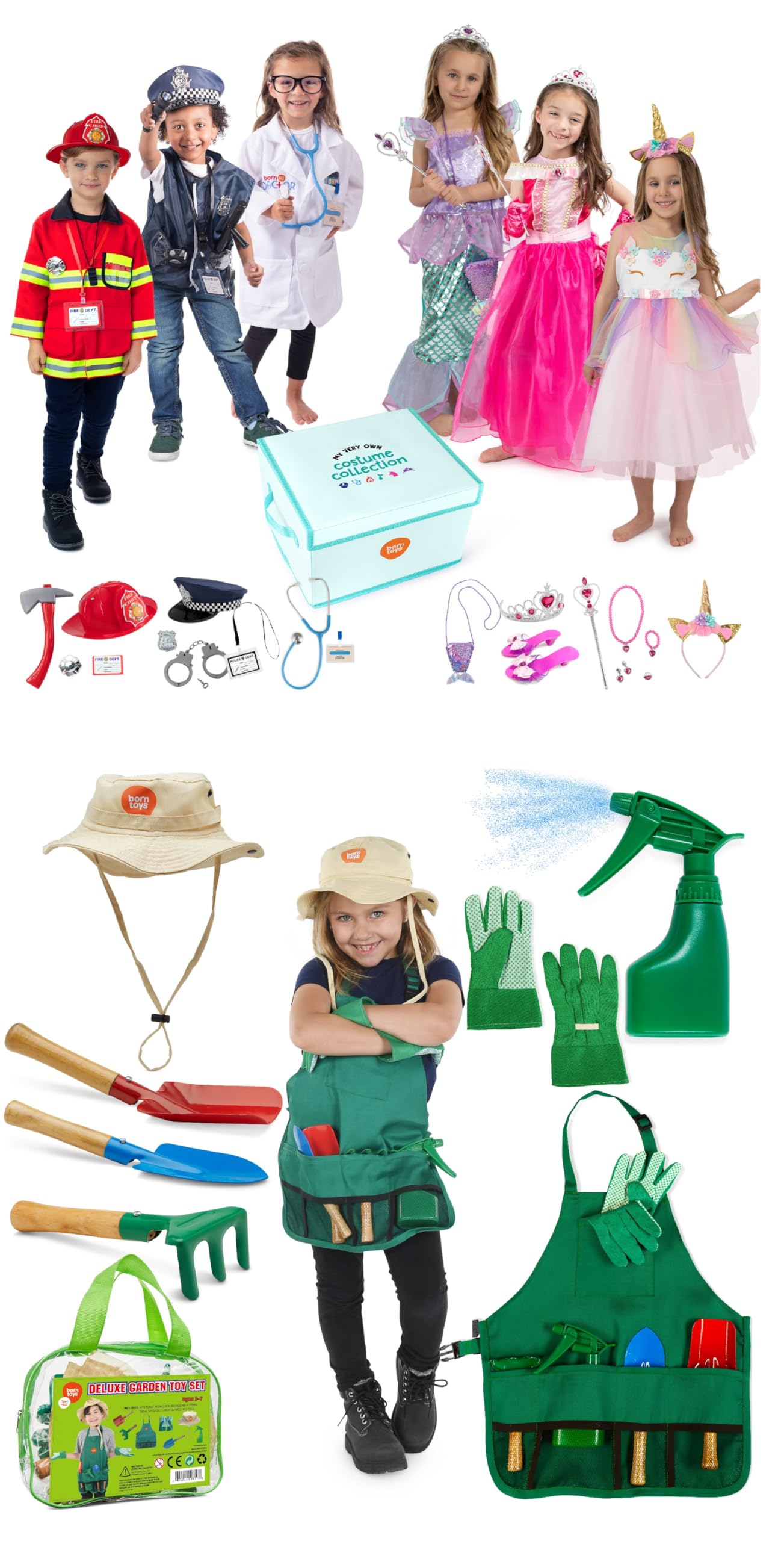 Born Toys Fantasy and First Responder Set - Fireman, Police, Doctor, Mermaid, Princess, Unicorn Trunk Set and Gardening Set