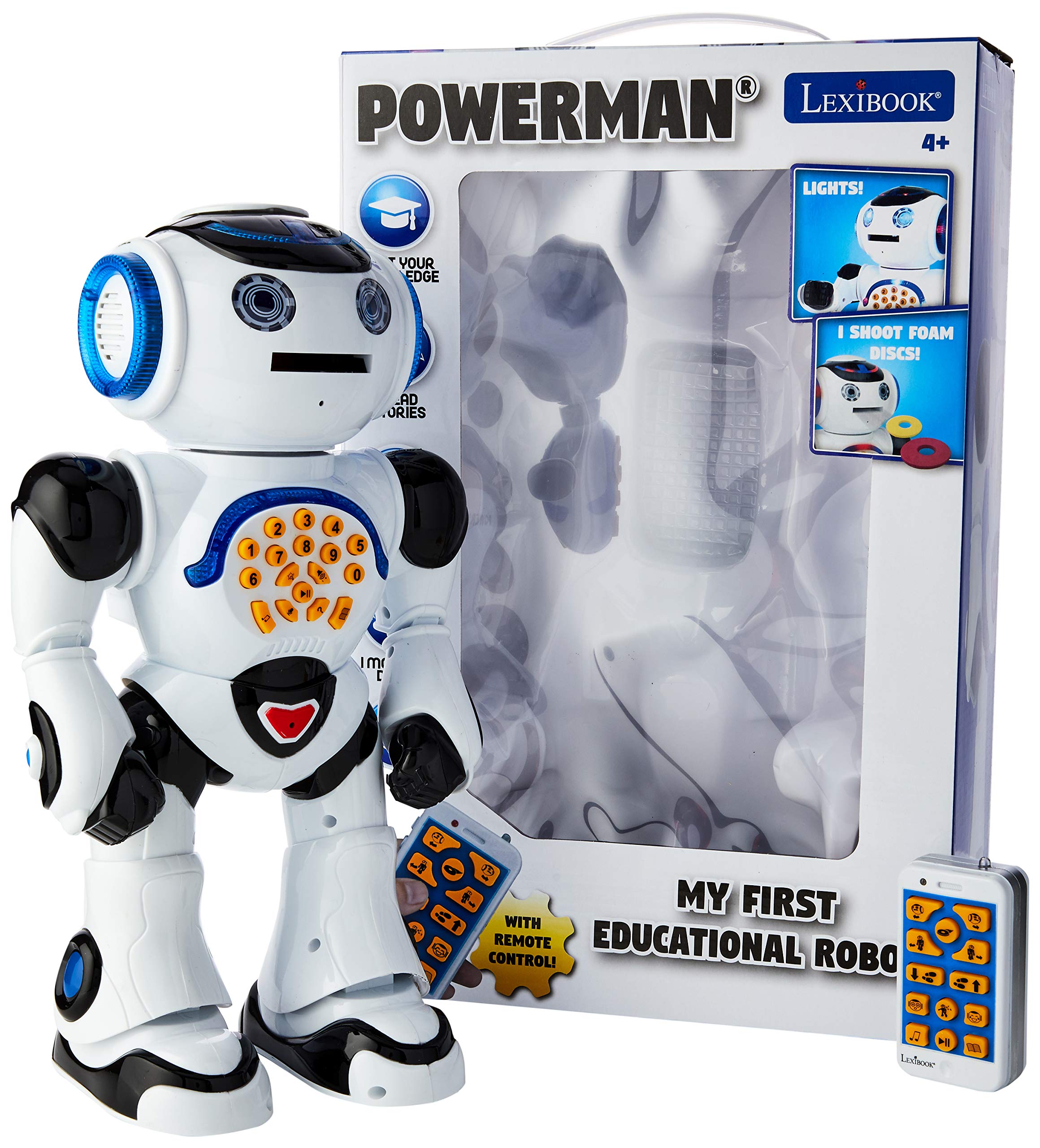 LEXiBOOK, Powerman Remote Control Walking Talking Toy Robot, Educational Robot, Dances, Sings, Reads Stories, Math Quiz, Shooting Discs, & Voice Mimicking, Black, White, ROB50EN