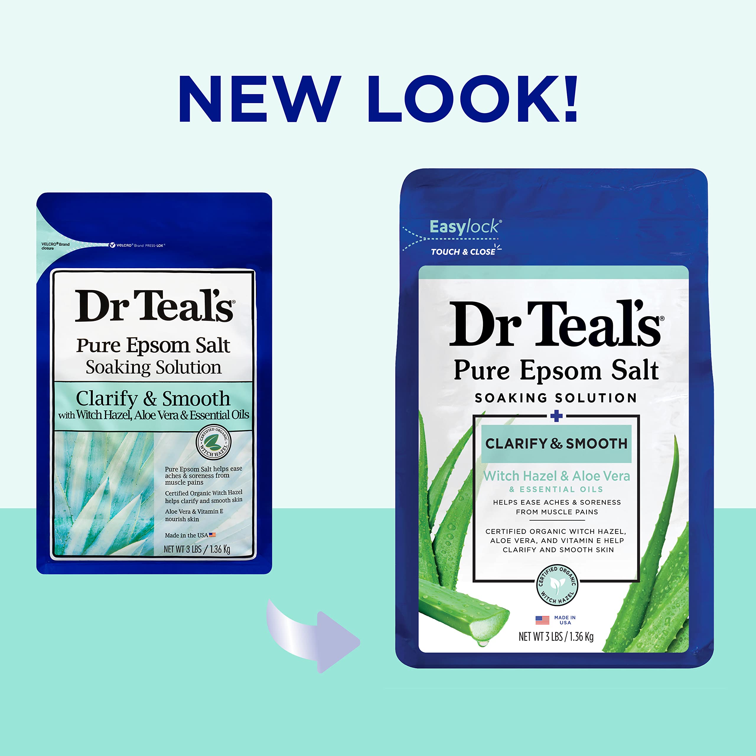 Dr Teal's Pure Epsom Salt, Clarify & Smooth with Witch Hazel & Aloe Vera, 3lbs (Packaging May Vary)
